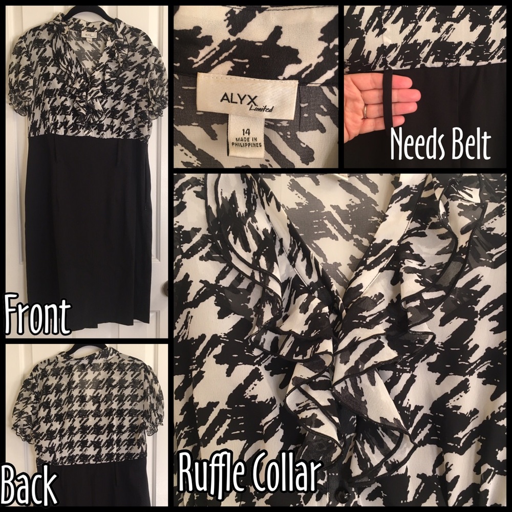Black/white houndstooth top, black bottom dress